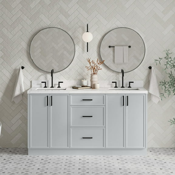 Ariel Kelly 66 Inch Double Rectangular Sink Bathroom Vanity With Carrara White Quartz Countertop 1.5 inch Edge In Grey