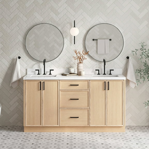Ariel Kelly 66 Inch Double Rectangular Sink Bathroom Vanity With Carrara White Quartz Countertop 1.5 inch Edge In Oak