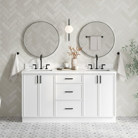 Ariel Kelly 66 Inch Double Rectangular Sink Bathroom Vanity With Carrara White Quartz Countertop 1.5 inch Edge In White