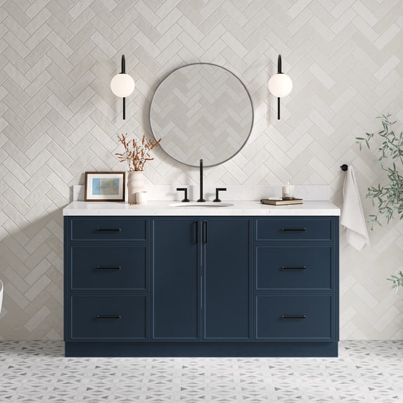 Ariel Kelly 66 Inch Single Oval Sink Bathroom Vanity With Carrara White Quartz Countertop 1.5 Inch Edge In Midnight Blue
