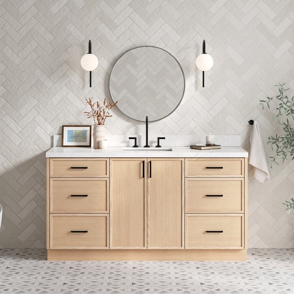 Ariel Kelly 66 Inch Single Rectangular Sink Bathroom Vanity With Carrara White Quartz Countertop 1.5 Inch Edge In Oak