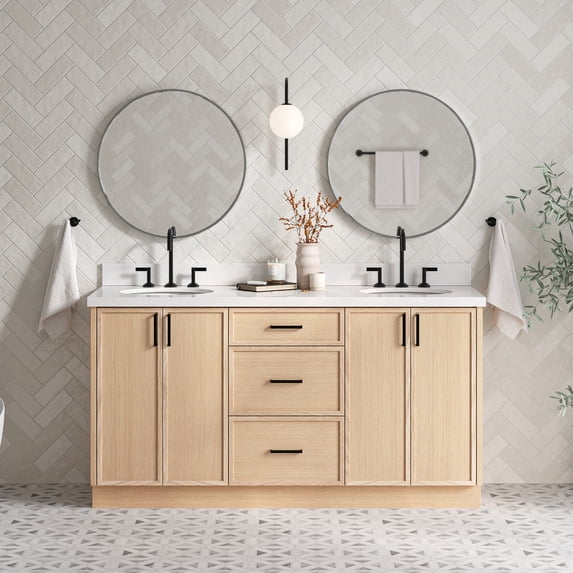 Ariel Kelly 67 Inch Double Oval Sink Bathroom Vanity With Pure White Quartz Countertop 1.5 Inch Edge In Oak
