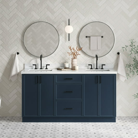 Ariel Kelly 67 Inch Double Rectangular Sink Bathroom Vanity With Italian Carrara Marble Countertop 1.5 Inch Edge In Midnight Blue