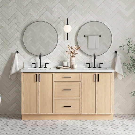 Ariel Kelly 67 Inch Double Rectangular Sink Bathroom Vanity With Italian Carrara Marble Countertop 1.5 Inch Edge In Oak