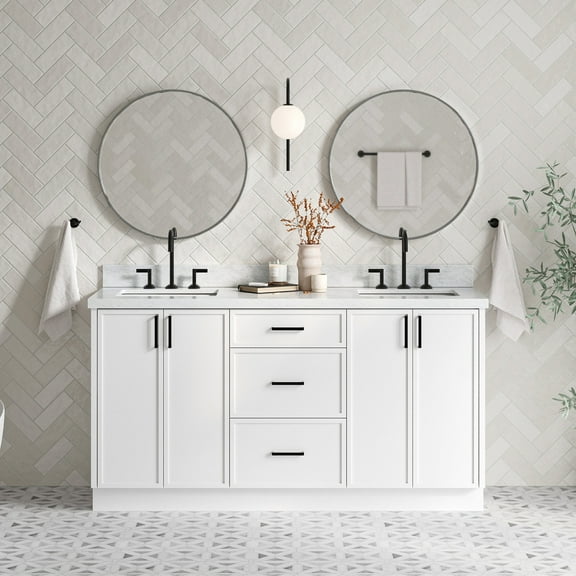 Ariel Kelly 67 Inch Double Rectangular Sink Bathroom Vanity With Italian Carrara Marble Countertop 1.5 Inch Edge In White