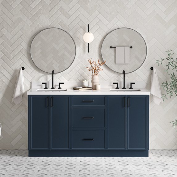 Ariel Kelly 67 Inch Double Rectangular Sink Bathroom Vanity With Pure White Quartz Countertop 1.5 Inch Edge In Midnight Blue