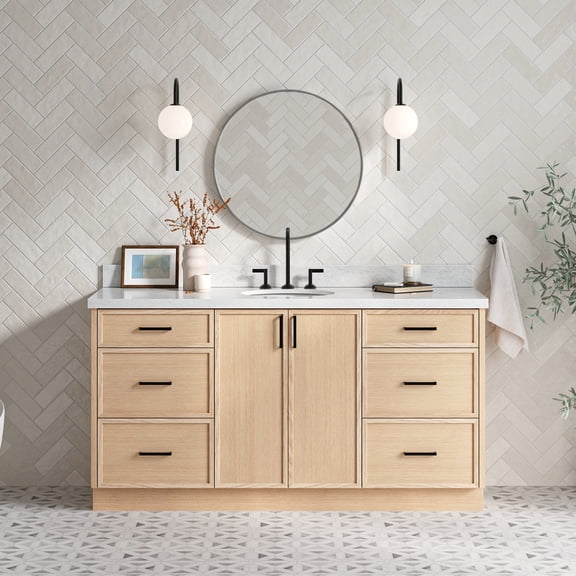 Ariel Kelly 67 Inch Single Oval Sink Bathroom Vanity With Italian Carrara Marble Countertop 1.5 Inch Edge In Oak