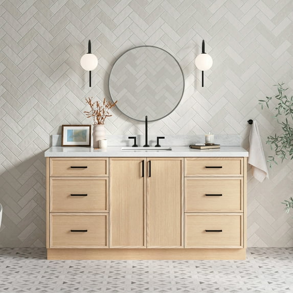 Ariel Kelly 67 Inch Single Rectangular Sink Bathroom Vanity With Italian Carrara Marble Countertop 1.5 Inch Edge In Oak