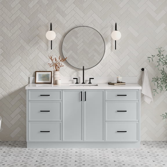 Ariel Kelly 67 Inch Single Rectangular Sink Bathroom Vanity With Pure White Quartz Countertop 1.5 Inch Edge In Grey