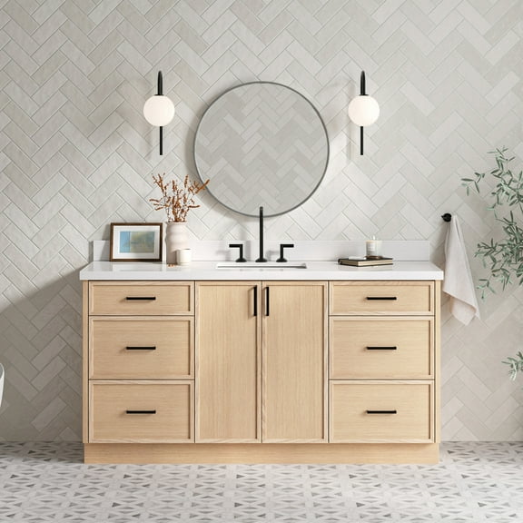 Ariel Kelly 67 Inch Single Rectangular Sink Bathroom Vanity With Pure White Quartz Countertop 1.5 Inch Edge In Oak