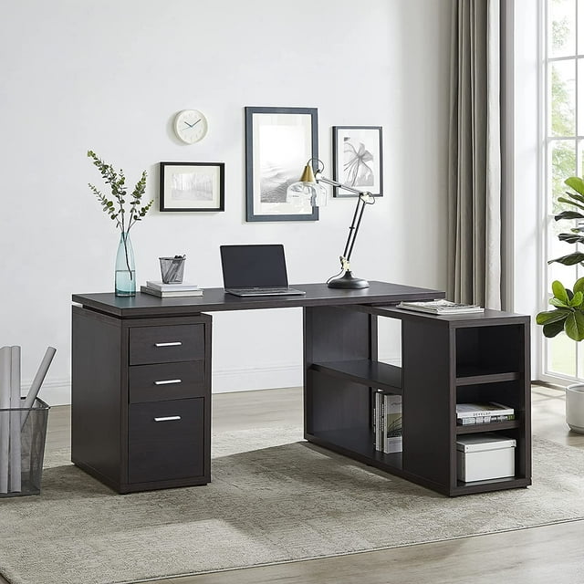 Ariel L Shaped Desk with Storage, Office Desk, L Shaped Computer Desk, Corner Desk with Storage Shelves, Cabinet, File Drawer, Computer Table Workstation for Home Office by Naomi Home – Espresso