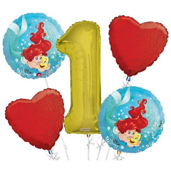 Ariel (Little Mermaid) Balloon Bouquet 5 pc, 1st Birthday, Gold Number 1 Jumbo Balloon