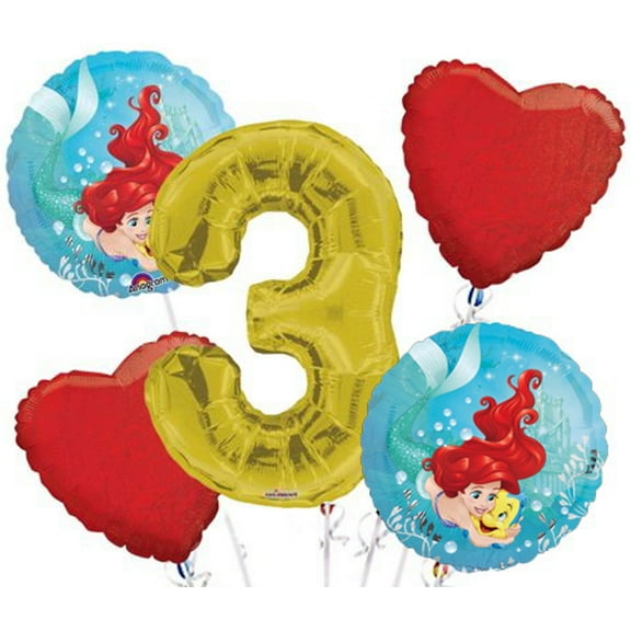 Ariel (Little Mermaid) Balloon Bouquet 5 pc, 3rd Birthday, Gold Number 3 Jumbo Balloon