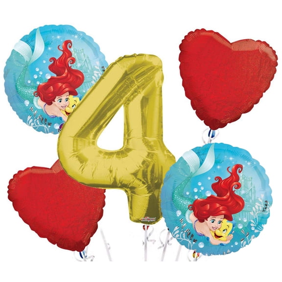 Ariel (Little Mermaid) Balloon Bouquet 5 pc, 4th Birthday, Gold Number 4 Jumbo Balloon