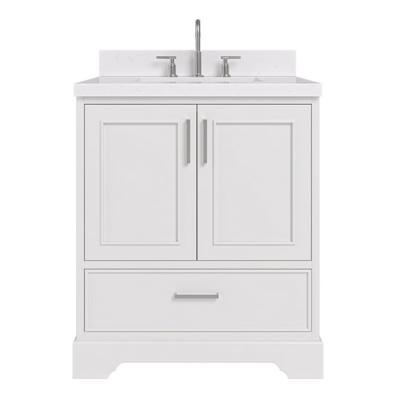 Ariel Stafford 30 In. Single Rectangle Sink Bathroom Vanity Pure Carrara White Quartz Countertop 1.5 Edge In White