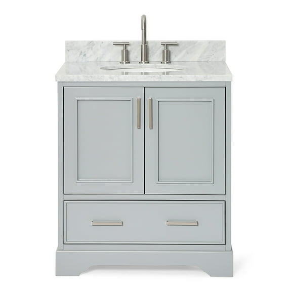 Ariel Stafford 30.5 In. Single Oval Sink Vanity With Carrara White Marble Countertop W/0.75" Edge In Grey