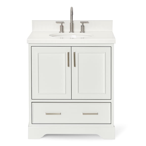 Ariel Stafford 30.5 In. Single Oval Sink Vanity Pure White Quartz Countertop W/1.5" Edge In White