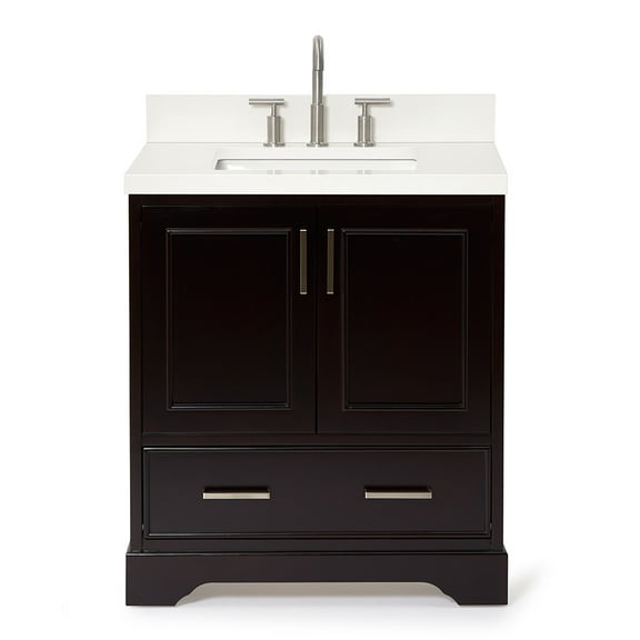 Ariel Stafford 30.5 In. Single Rectangle Sink Vanity Pure White Quartz Countertop W/1.5" Edge In Espresso