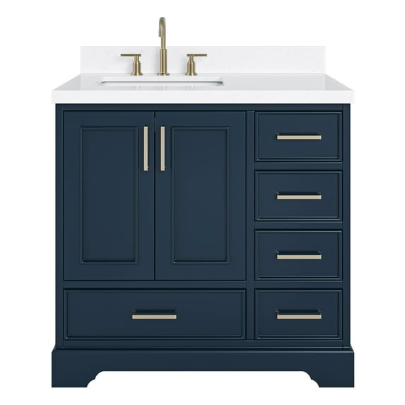 Ariel Stafford 36 Inch Single Left Offset Rectangle Sink Bathroom Vanity With Carrara White Quartz Countertop 1.5 Edge In Midnight Blue