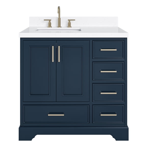 Ariel Stafford 36 Inch Single Left Offset Rectangle Sink Bathroom Vanity With Carrara White Quartz Countertop 1.5 Edge In Midnight Blue