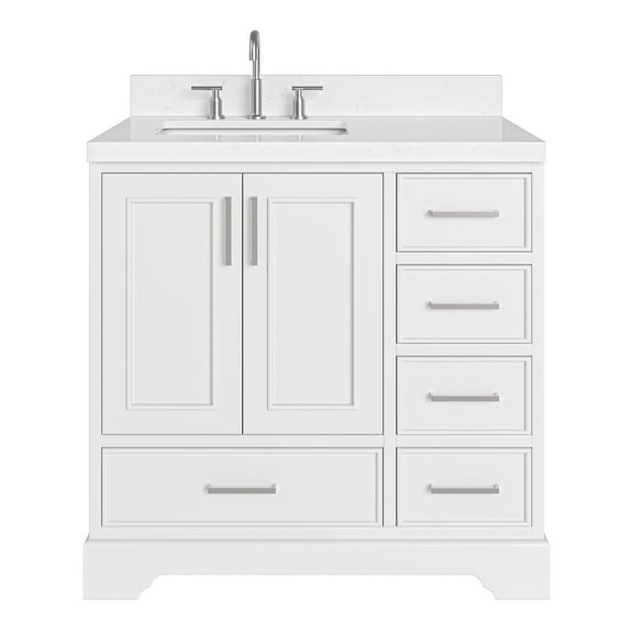 Ariel Stafford 36 Inch Single Left Offset Rectangle Sink Bathroom Vanity With Carrara White Quartz Countertop 1.5 Edge In White