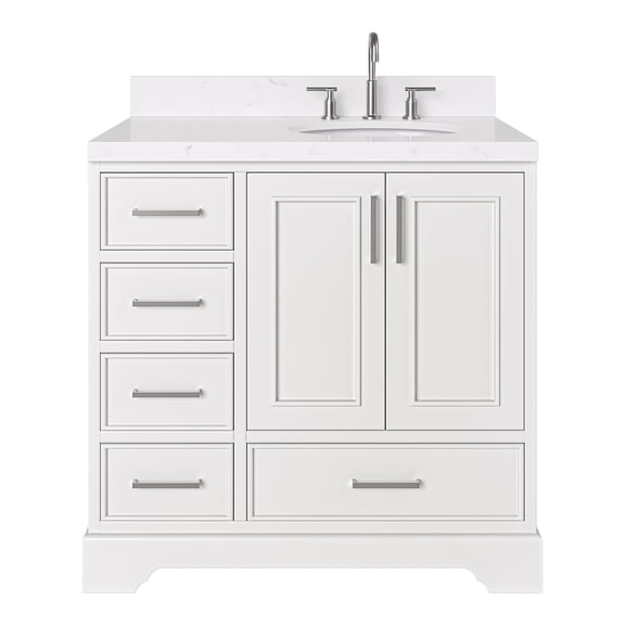 Ariel Stafford 36 Inch Single Right Offset Oval Sink Bathroom Vanity With Carrara White Quartz Countertop 1.5 Edge In White