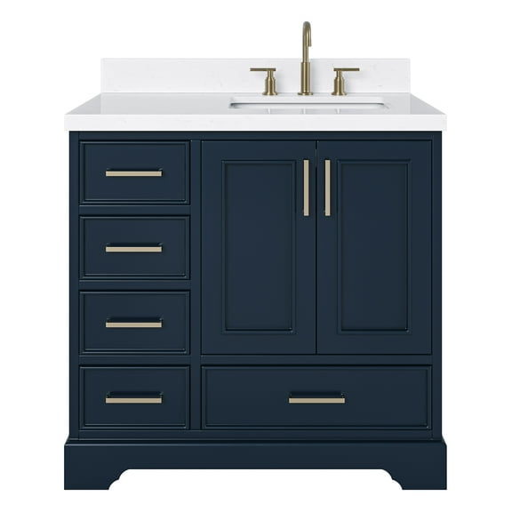 Ariel Stafford 36 Inch Single Right Offset Rectangle Sink Bathroom Vanity With Carrara White Quartz Countertop 1.5 Edge In Midnight Blue