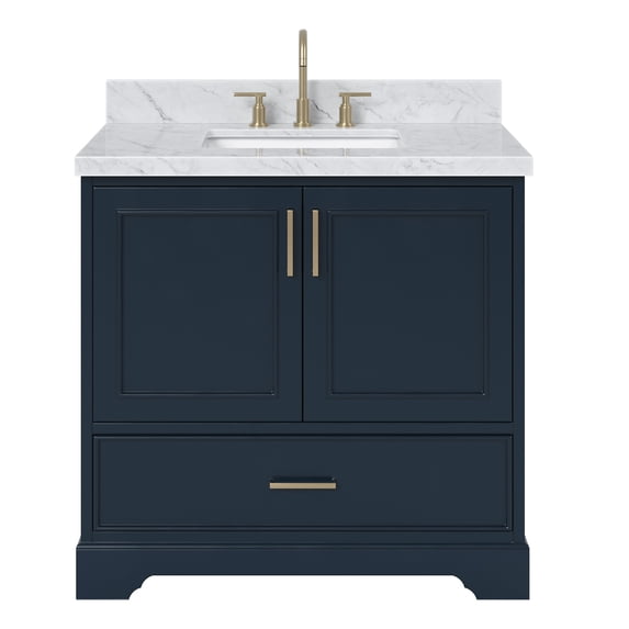 Ariel Stafford 37 Inch Single Rectangle Sink Vanity With Carrara White Marble Countertop W/1.5" Edge In Midnight Blue