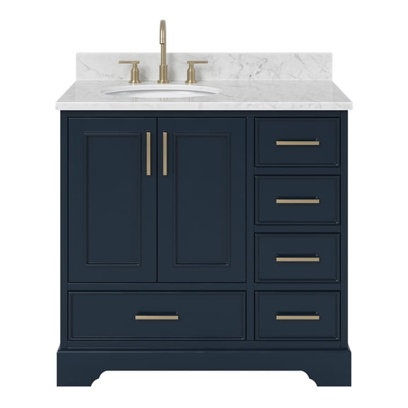Ariel Stafford 37 Inch Single Left Offset Oval Sink Vanity With Carrara White Marble Countertop W/0.75" Edge In Midnight Blue
