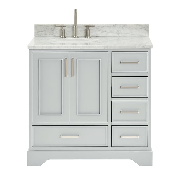 Ariel Stafford 37 Inch Single Left Offset Oval Sink Vanity With Carrara White Marble Countertop W/0.75" Edge In Grey