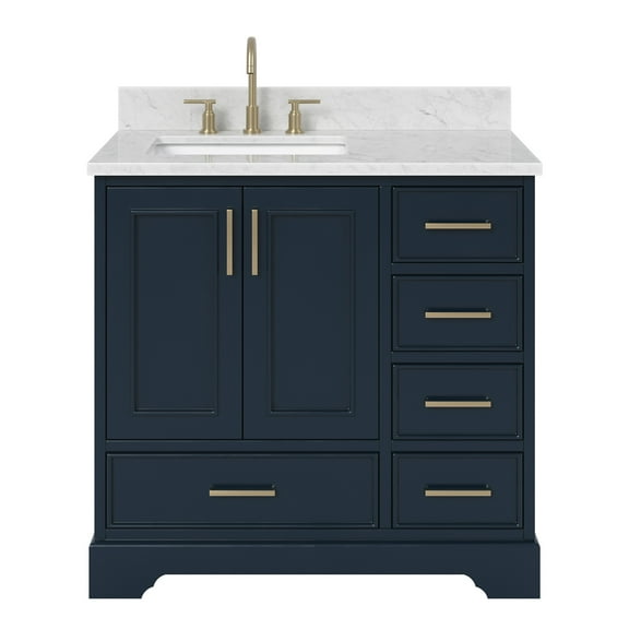 Ariel Stafford 37 Inch Single Left Offset Rectangle Sink Vanity With Carrara White Marble Countertop W/0.75" Edge In Midnight Blue
