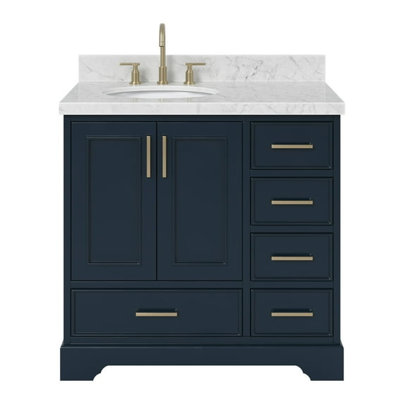 Ariel Stafford 37 Inch Single Left Offset Oval Sink Vanity With Carrara White Marble Countertop W/1.5" Edge In Midnight Blue