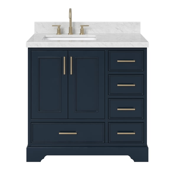Ariel Stafford 37 Inch Single Left Offset Rectangle Sink Vanity With Carrara White Marble Countertop W/1.5" Edge In Midnight Blue
