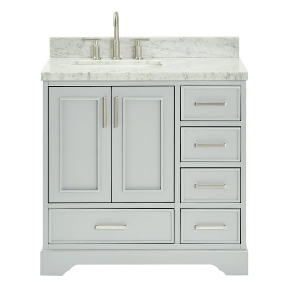 Ariel Stafford 37 Inch Single Left Offset Rectangle Sink Vanity With Carrara White Marble Countertop W/1.5" Edge In Grey