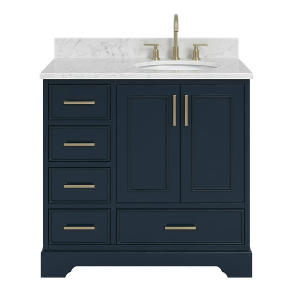 Ariel Stafford 37 Inch Single Right Offset Oval Sink Vanity With Carrara White Marble Countertop W/0.75" Edge In Midnight Blue