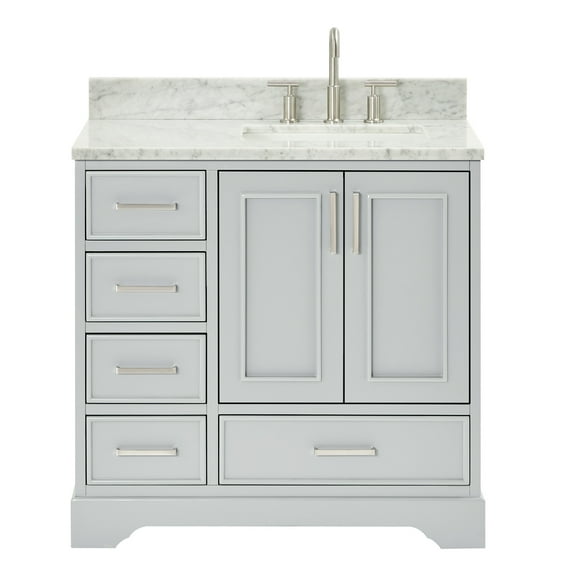Ariel Stafford 37 Inch Single Right Offset Rectangle Sink Vanity With Carrara White Marble Countertop W/0.75" Edge In Grey