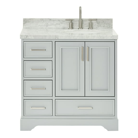 Ariel Stafford 37 Inch Single Right Offset Oval Sink Vanity With Carrara White Marble Countertop W/1.5" Edge In Grey