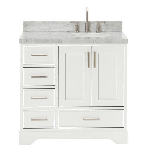 Ariel Stafford 37 Inch Single Right Offset Oval Sink Vanity With Carrara White Marble Countertop W/1.5" Edge In White