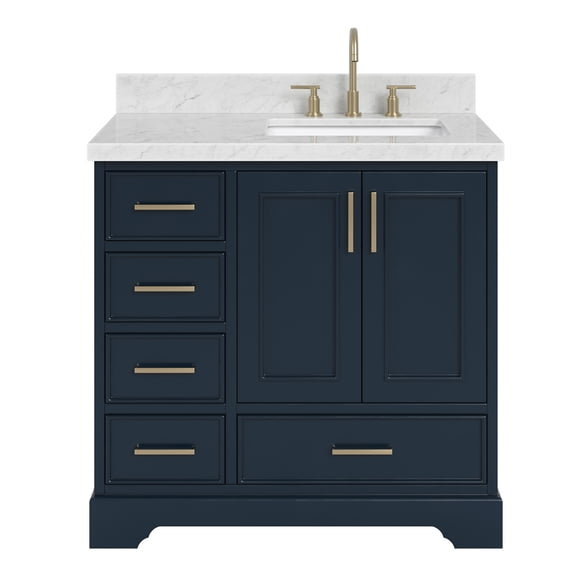Ariel Stafford 37 Inch Single Right Offset Rectangle Sink Vanity With Carrara White Marble Countertop W/1.5" Edge In Midnight Blue