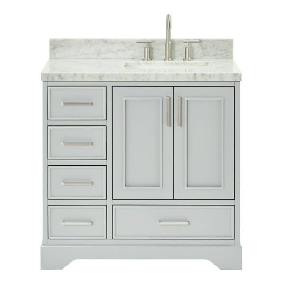 Ariel Stafford 37 Inch Single Right Offset Rectangle Sink Vanity With Carrara White Marble Countertop W/1.5" Edge In Grey