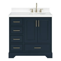 Ariel Stafford 37 Inch Single Right Offset Oval Sink Vanity With White Quartz Countertop W/1.5" Edge In Midnight Blue
