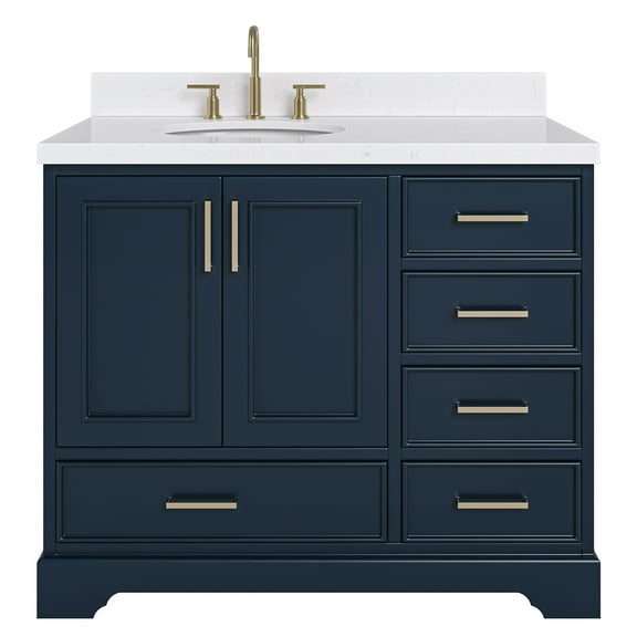 Ariel Stafford 42 Inch Single Left Offset Oval Sink Bathroom Vanity With Carrara White Quartz Countertop 1.5 Edge In Midnight Blue