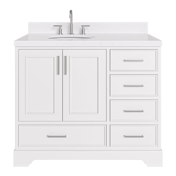 Ariel Stafford 42 Inch Single Left Offset Oval Sink Bathroom Vanity With Carrara White Quartz Countertop 1.5 Edge In White