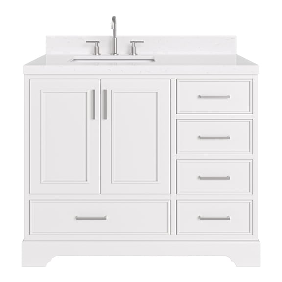 Ariel Stafford 42 Inch Single Left Offset Rectangle Sink Bathroom Vanity With Carrara White Quartz Countertop 1.5 Edge In White