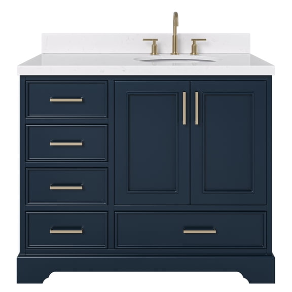 Ariel Stafford 42 Inch Single Right Offset Oval Sink Bathroom Vanity With Carrara White Quartz Countertop 1.5 Edge In Midnight Blue