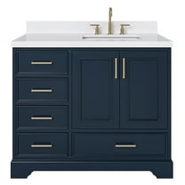 Ariel Stafford 42 Inch Single Right Offset Rectangle Sink Bathroom Vanity With Carrara White Quartz Countertop 1.5 Edge In Midnight Blue