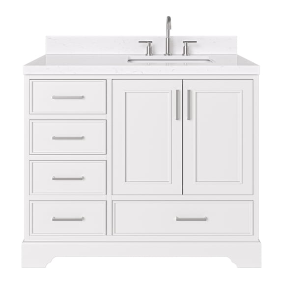 Ariel Stafford 42 Inch Single Right Offset Rectangle Sink Bathroom Vanity With Carrara White Quartz Countertop 1.5 Edge In White