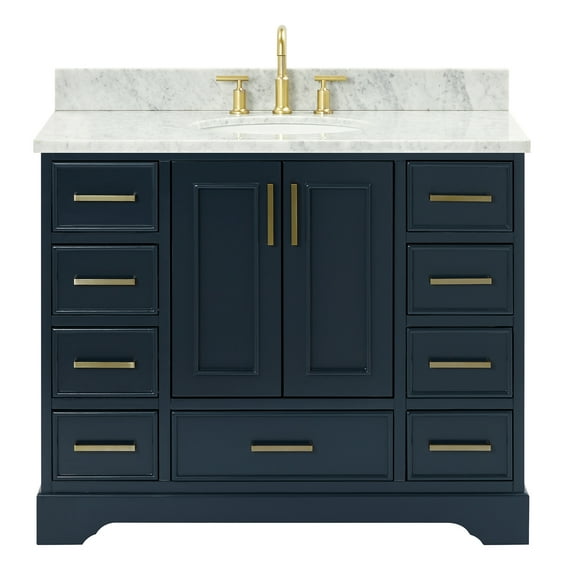 Ariel Stafford 43 Inch Single Oval Sink Vanity With Carrara White Marble Countertop W/0.75" Edge In Midnight Blue