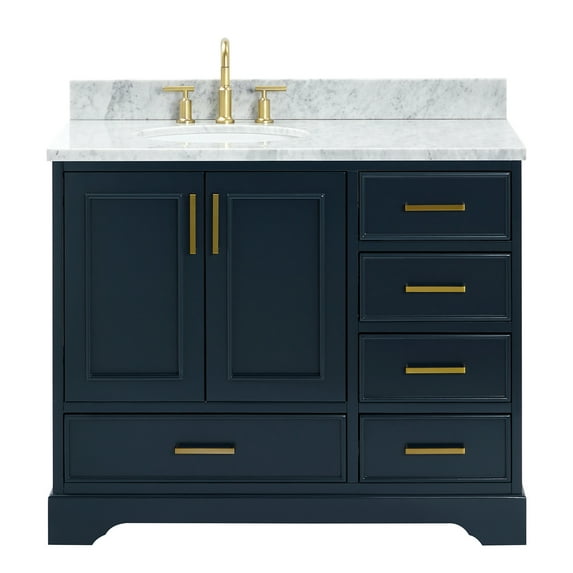 Ariel Stafford 43 Inch Single Left Offset Oval Sink Vanity With Carrara White Marble Countertop W/0.75" Edge In Midnight Blue