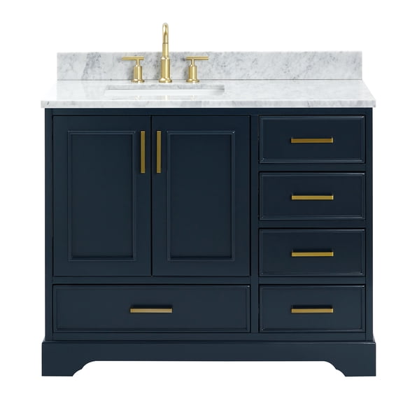 Ariel Stafford 43 Inch Single Left Offset Rectangle Sink Vanity With Carrara White Marble Countertop W/0.75" Edge In Midnight Blue